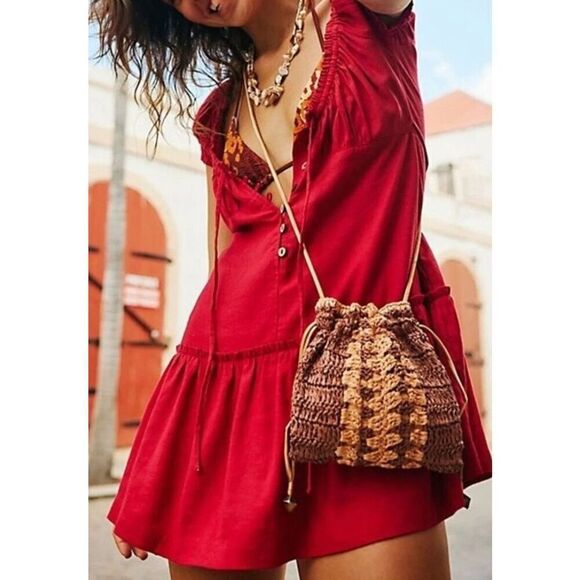 Free People Women's OS Peach/Brown Woven Drawstring Boho Heatwave Mini Bag - Picture 7 of 7